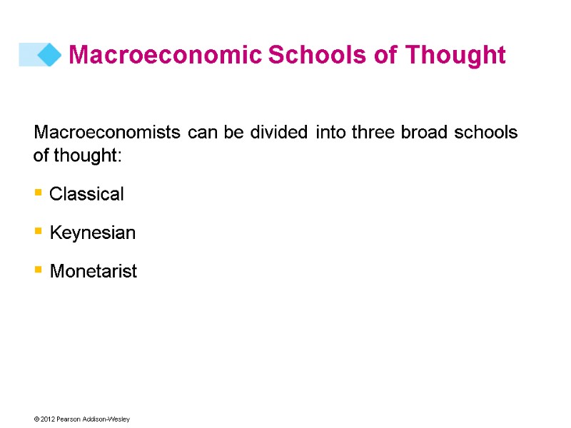 Macroeconomic Schools of Thought Macroeconomists can be divided into three broad schools of thought: